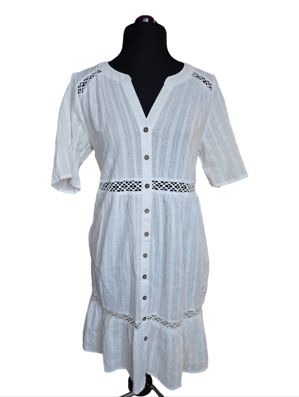 NWT Knox Rose White Eyelet Button-Front Dress Size M Boho Cottagecore Casual